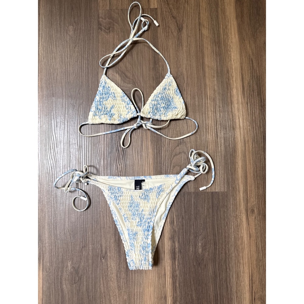 Triangl Bikini Set Womens XS Blue Cream Floral Smocked Triangle Tie Swimsuit